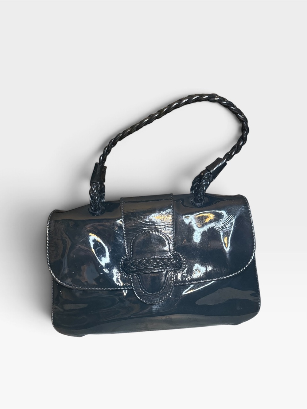 Vintage Valentino Garavani Black Patent Leather "Histoire" Flap Bag with Strap